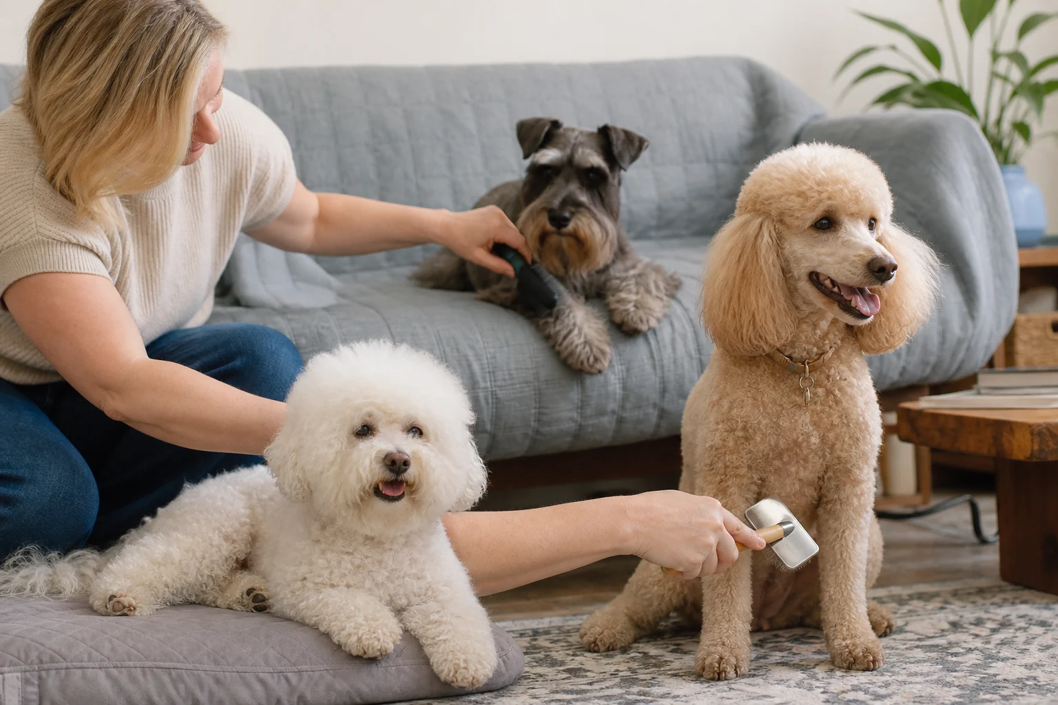 Cães com diferentes tipos de pelagem recebendo escovação cuidadosa em casa