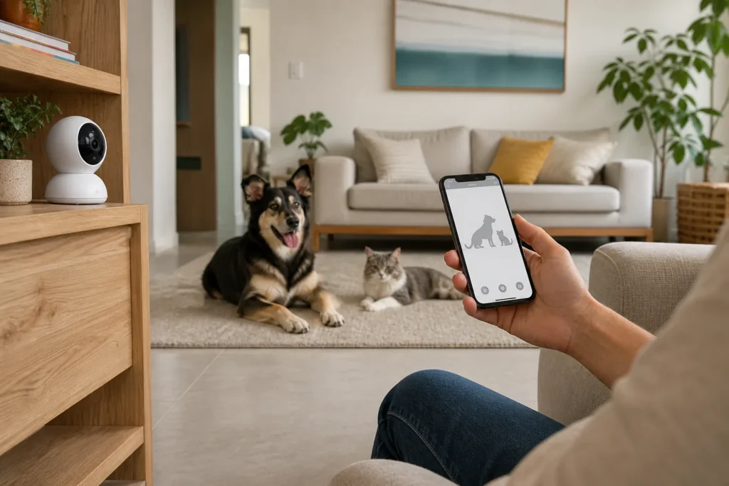 Cão e gato sendo observados por uma câmera para pets enquanto o tutor consulta o celular