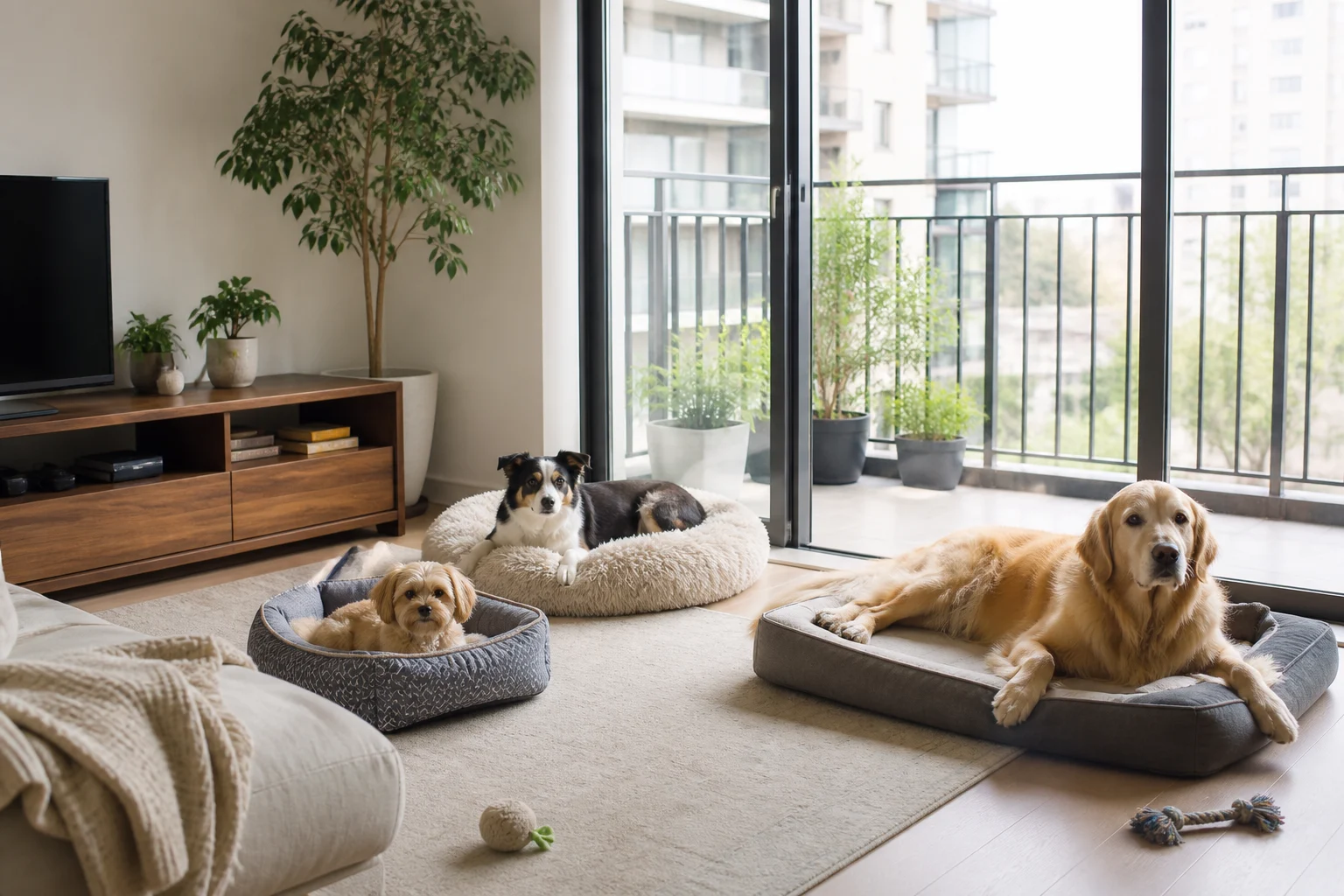 Cães pequeno, médio e grande descansando em áreas separadas de um apartamento