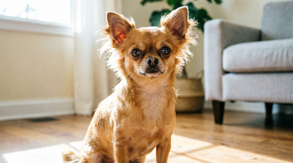 Chihuahua sentado no piso de uma sala de apartamento