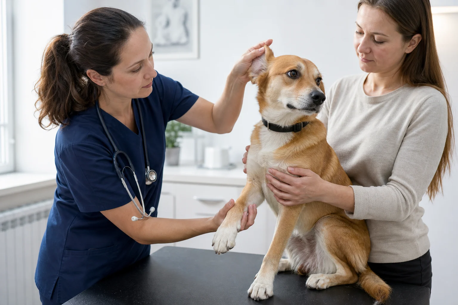 Veterinária examinando cuidadosamente a pele e as patas de um cão com coceira