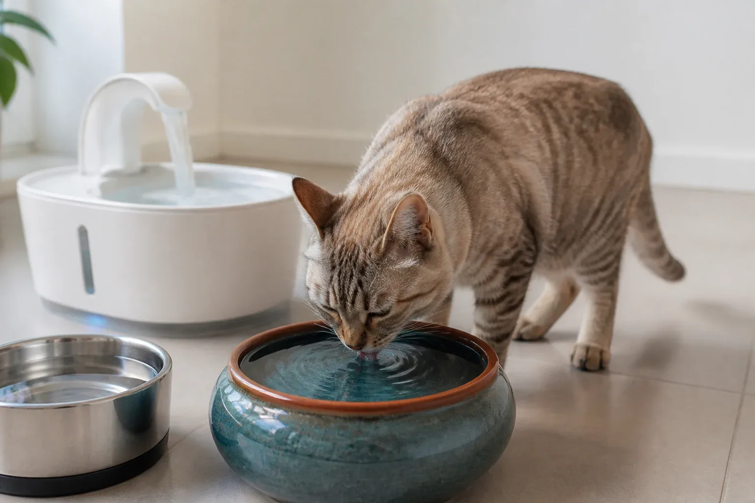 Gato bebendo água em pote largo com fonte ao fundo em ambiente doméstico