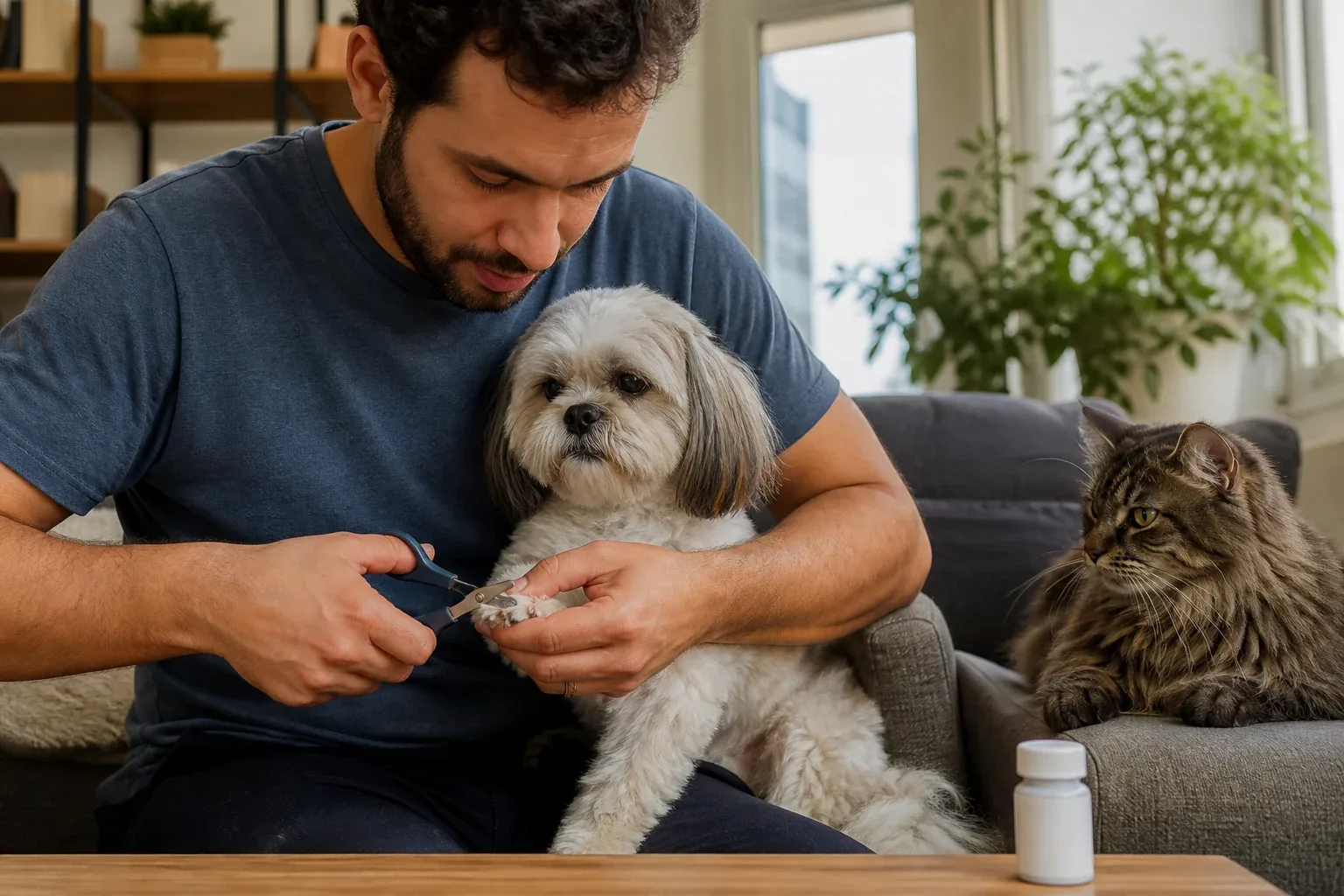 Tutora tocando suavemente a pata de um cão enquanto um gato observa em ambiente tranquilo