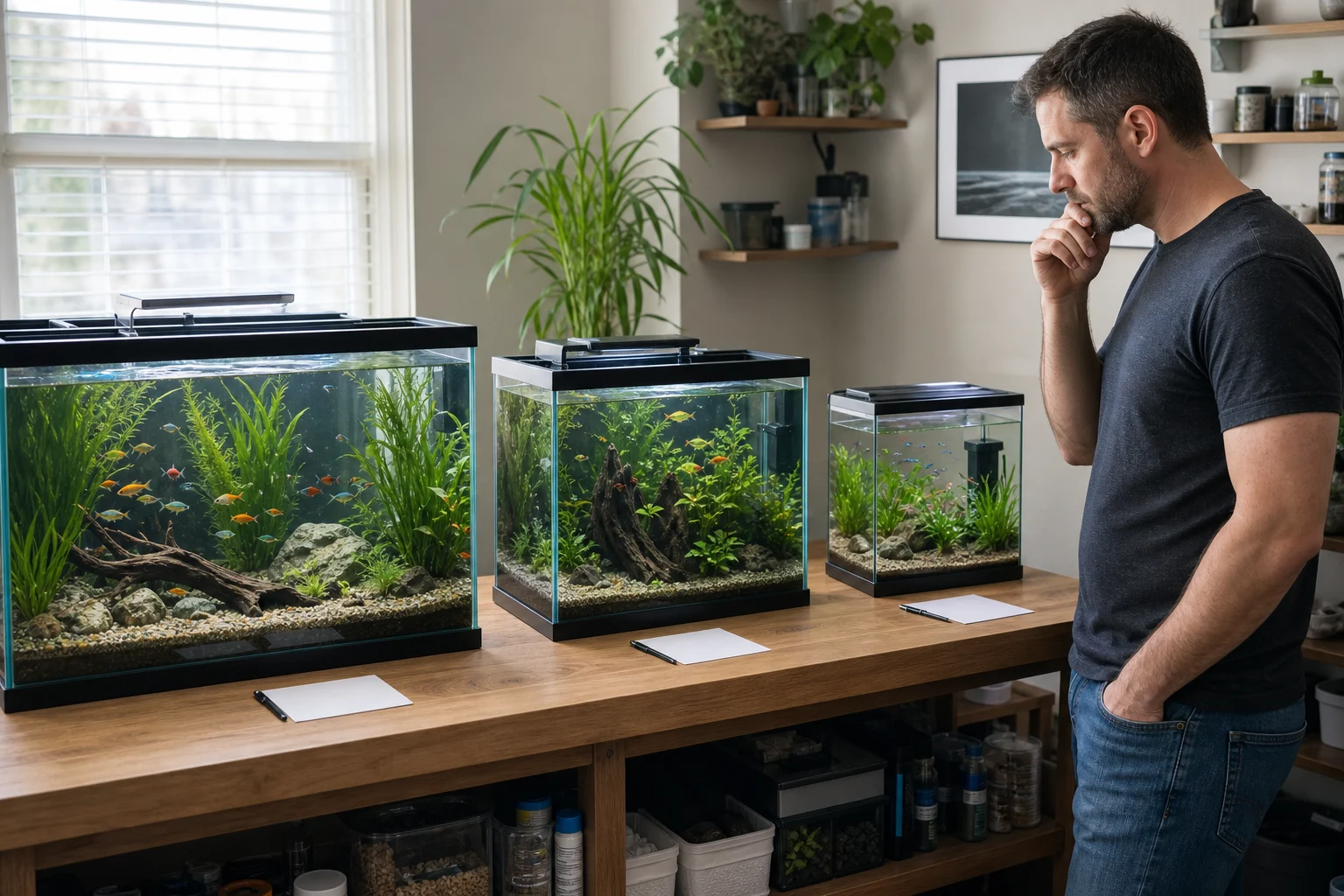 Aquarista comparando espécies de peixes diante de aquários de tamanhos diferentes