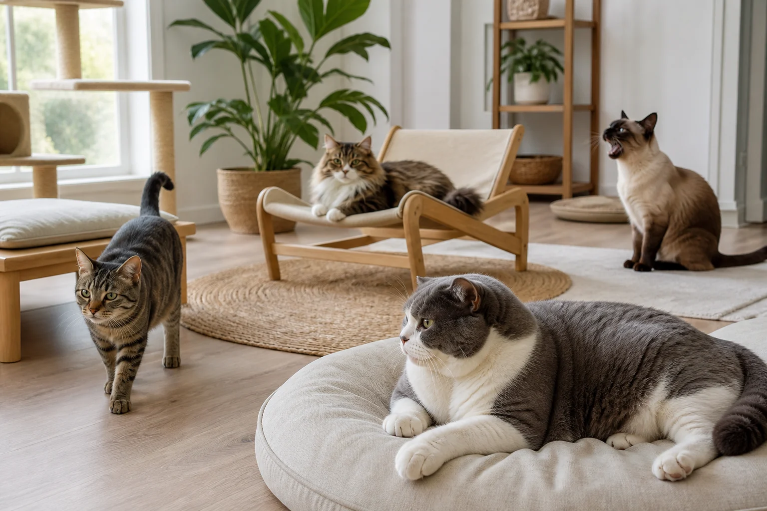 Gatos de diferentes perfis de pelagem e atividade ocupando áreas de uma casa