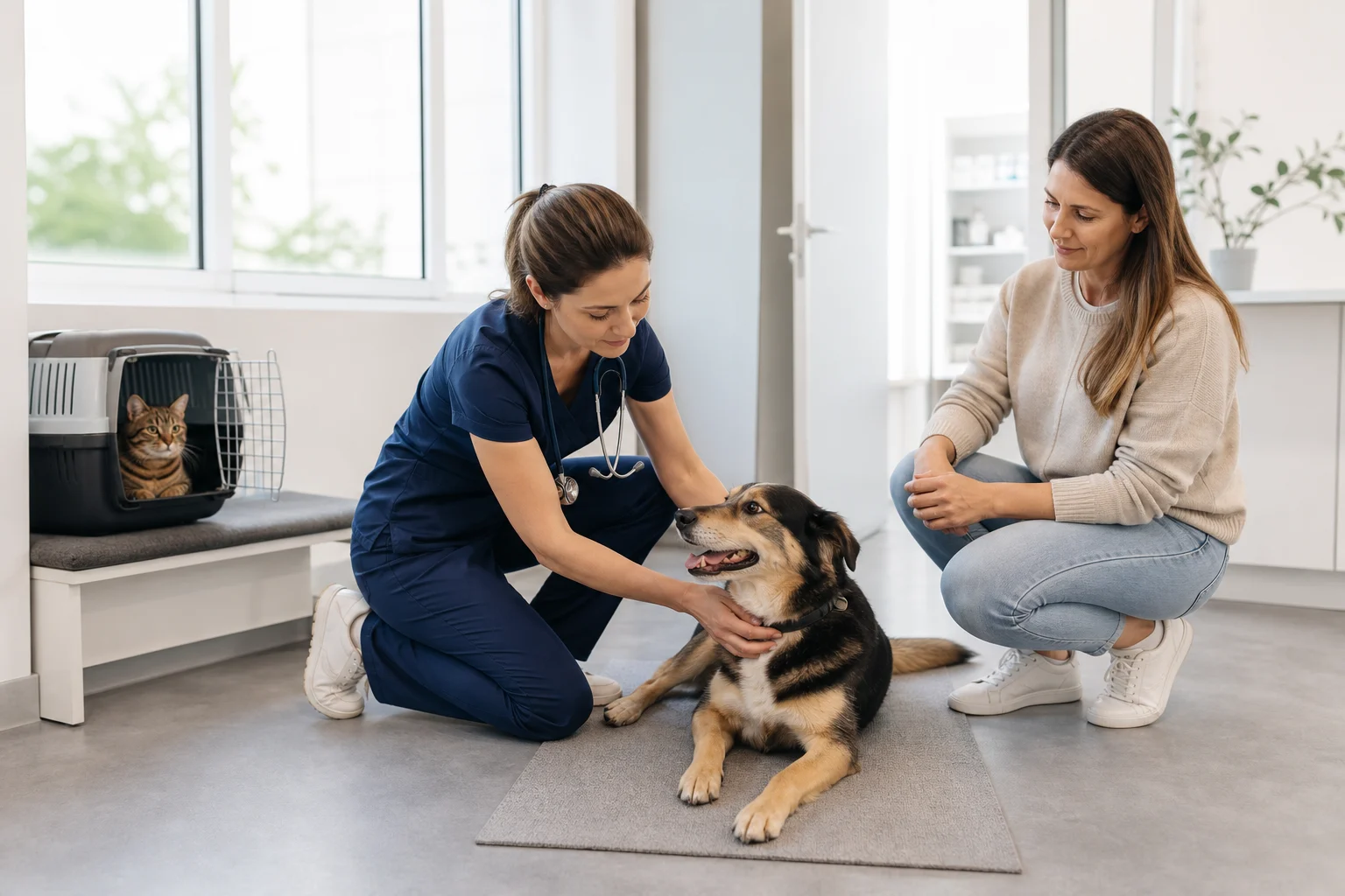 Veterinária examinando calmamente um cão enquanto um gato permanece seguro na caixa de transporte
