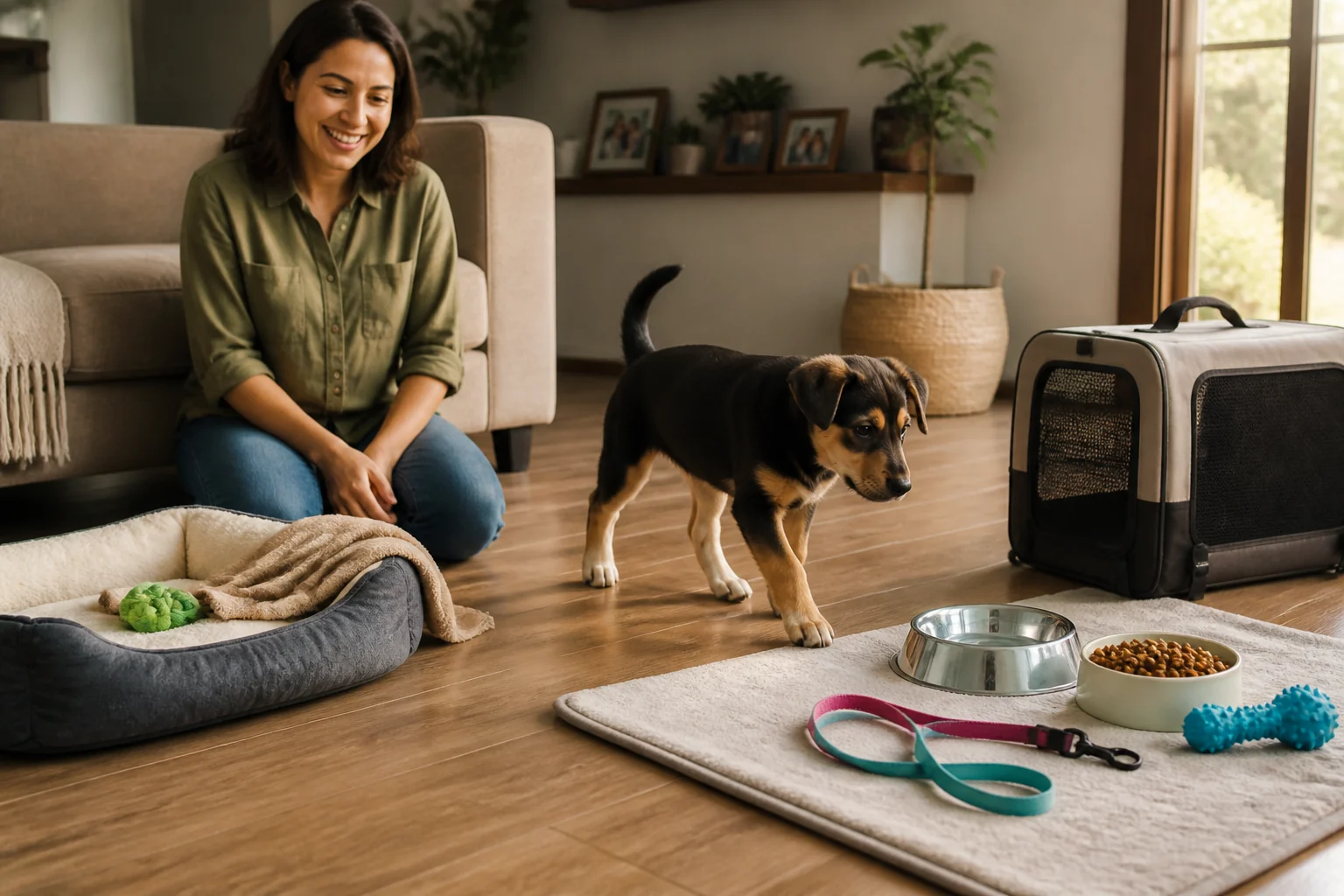 Filhote explora uma casa preparada com cama, água, alimento, brinquedo, guia e caixa de transporte