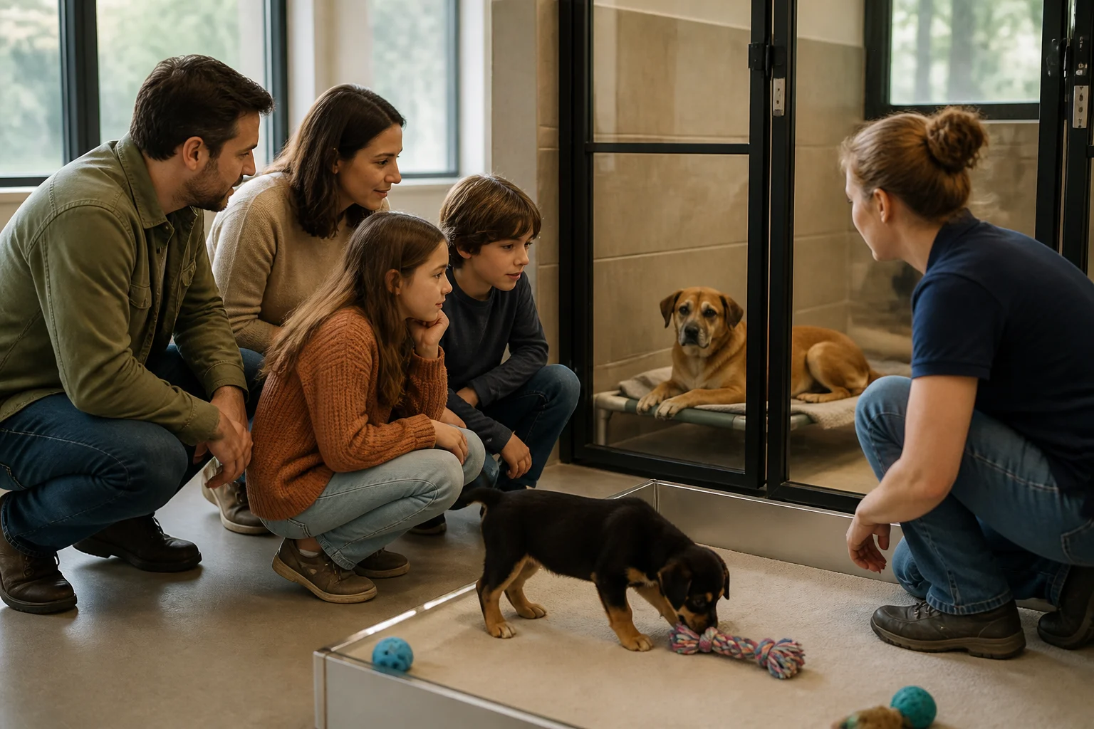 Família observando um filhote e um cão adulto em ambiente de adoção responsável