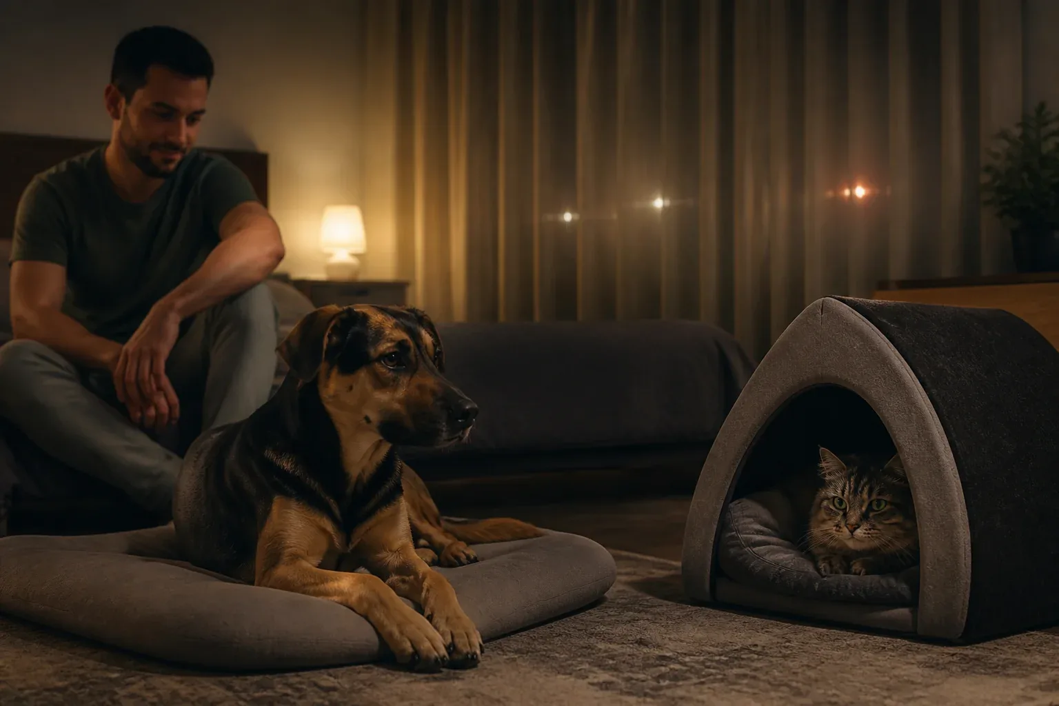 Cão e gato acomodados em ambiente interno protegido durante fogos de artifício