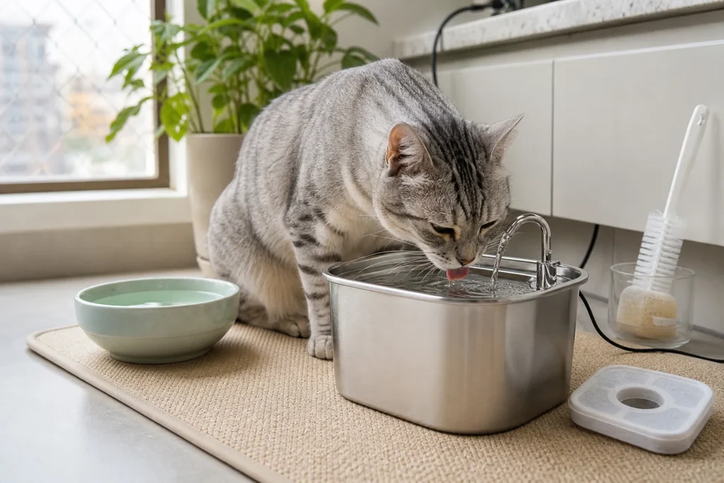 Gato bebendo em uma fonte de água de inox com pote alternativo e itens de limpeza ao lado