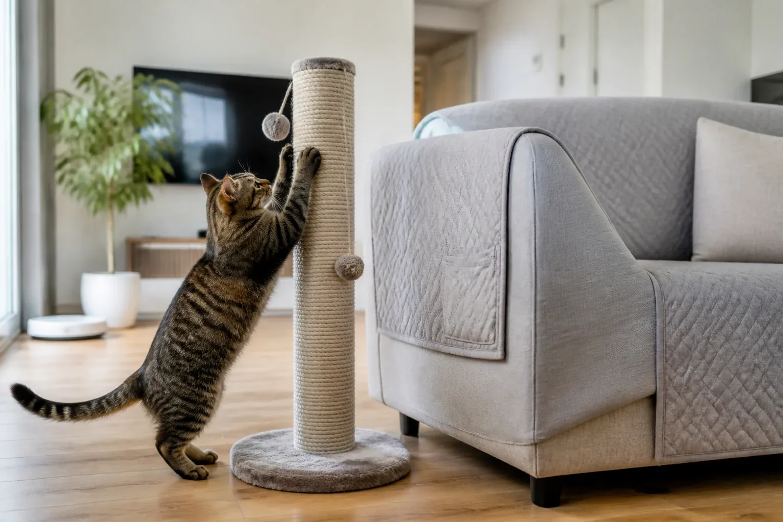 Gato usando arranhador vertical ao lado de um sofá protegido
