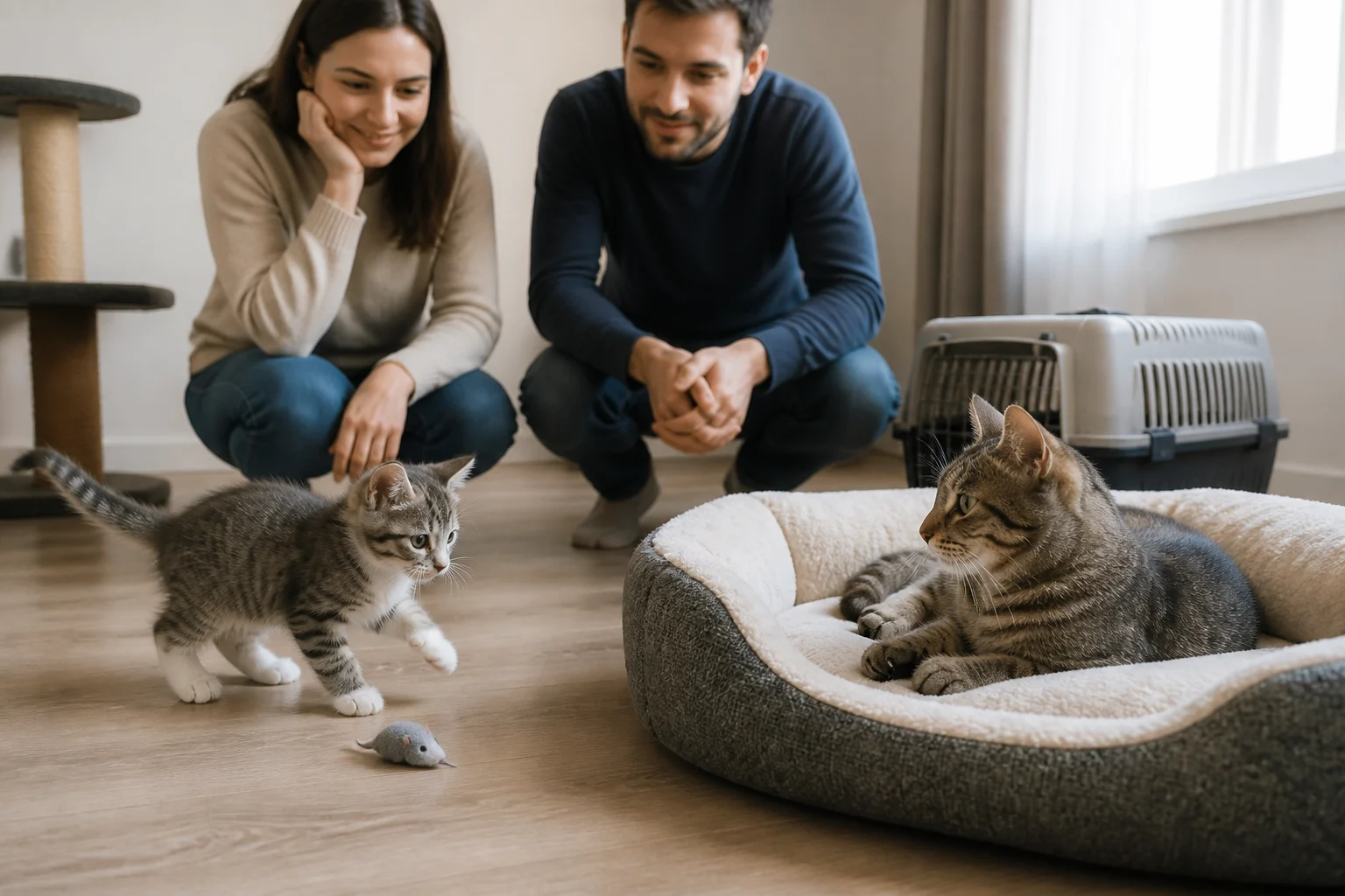 Casal observando um gato filhote brincando e um gato adulto descansando