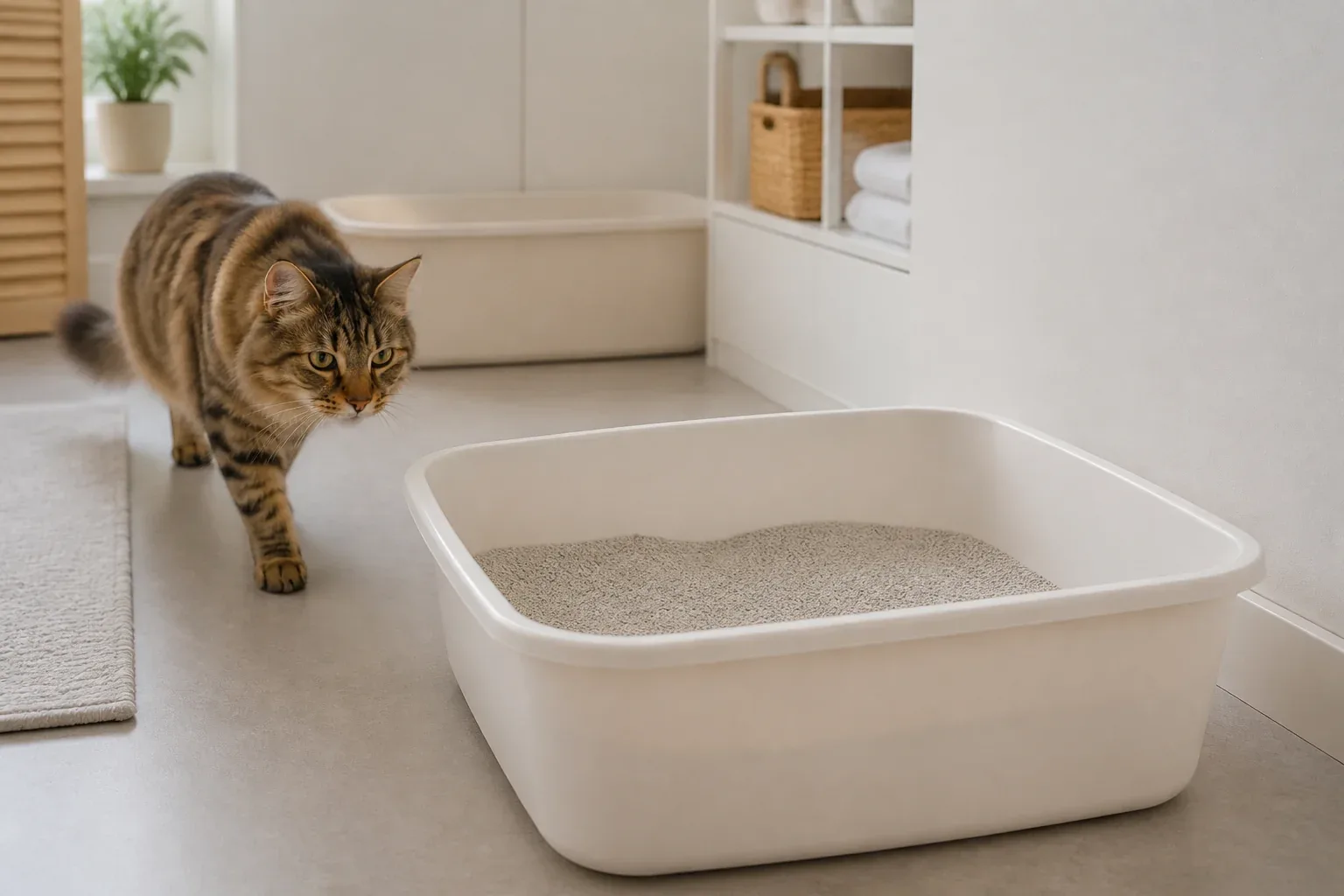 Gato aproximando-se de caixa de areia grande e limpa em local tranquilo