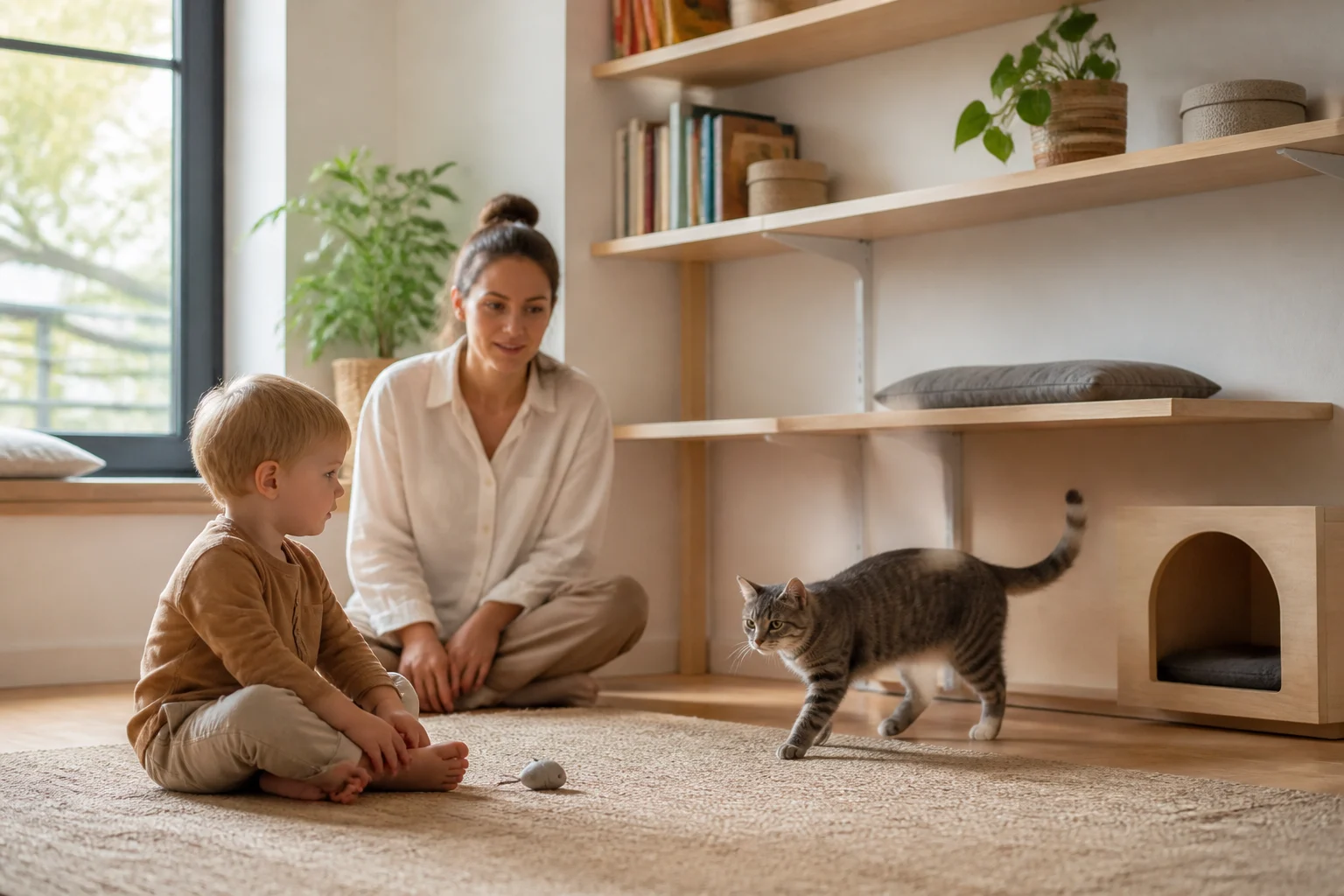 Criança sentada calmamente enquanto um gato se aproxima sob supervisão de um adulto