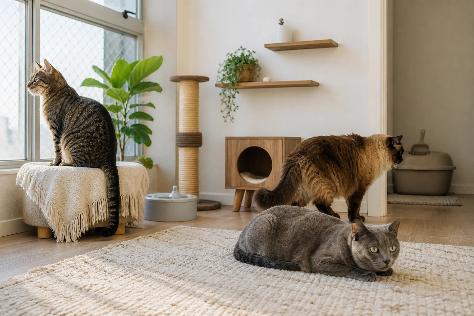 Três gatos em apartamento com telas, arranhador, esconderijo, água e caixa de areia