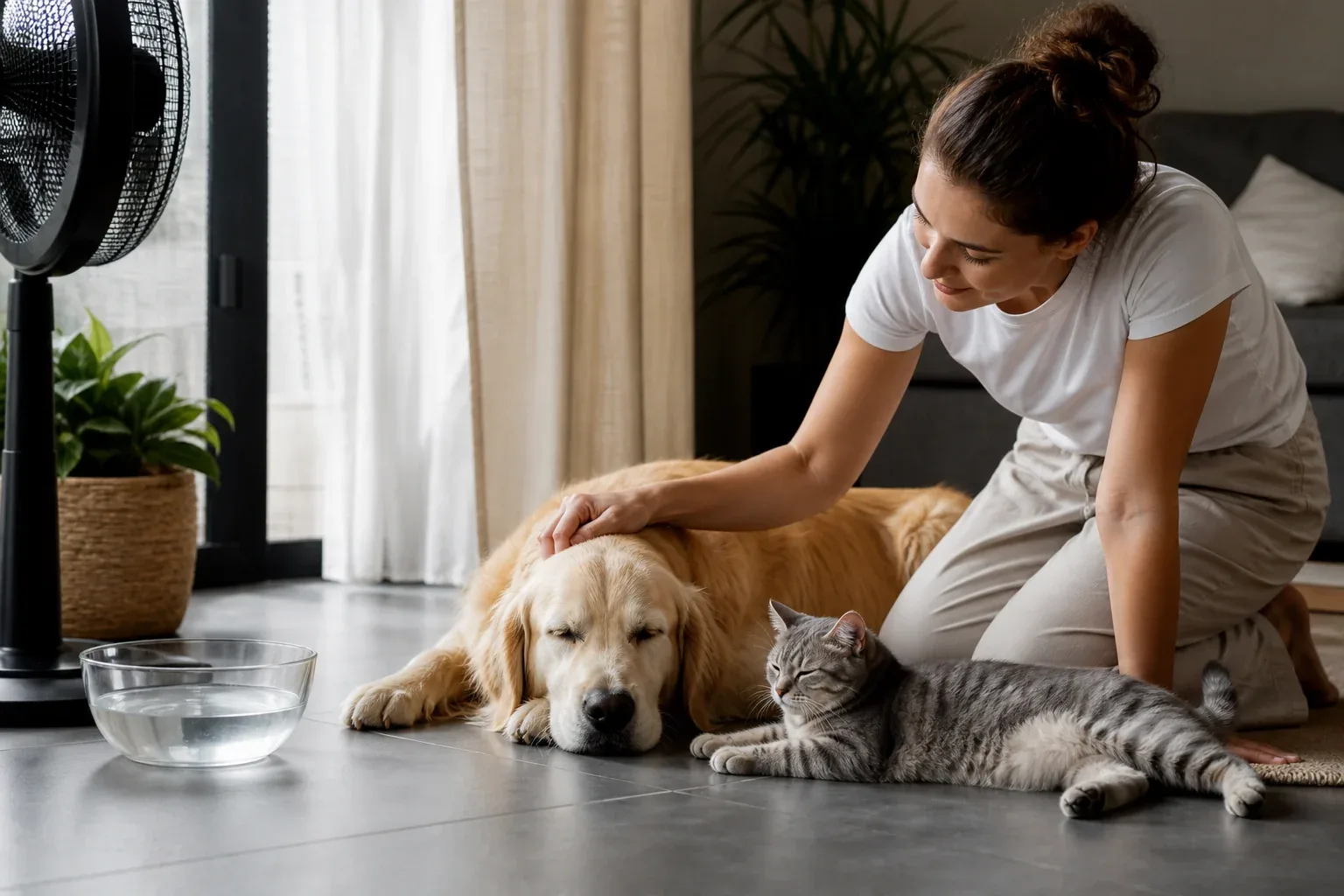 Cão e gato descansando em ambiente fresco com água e sombra durante um dia quente