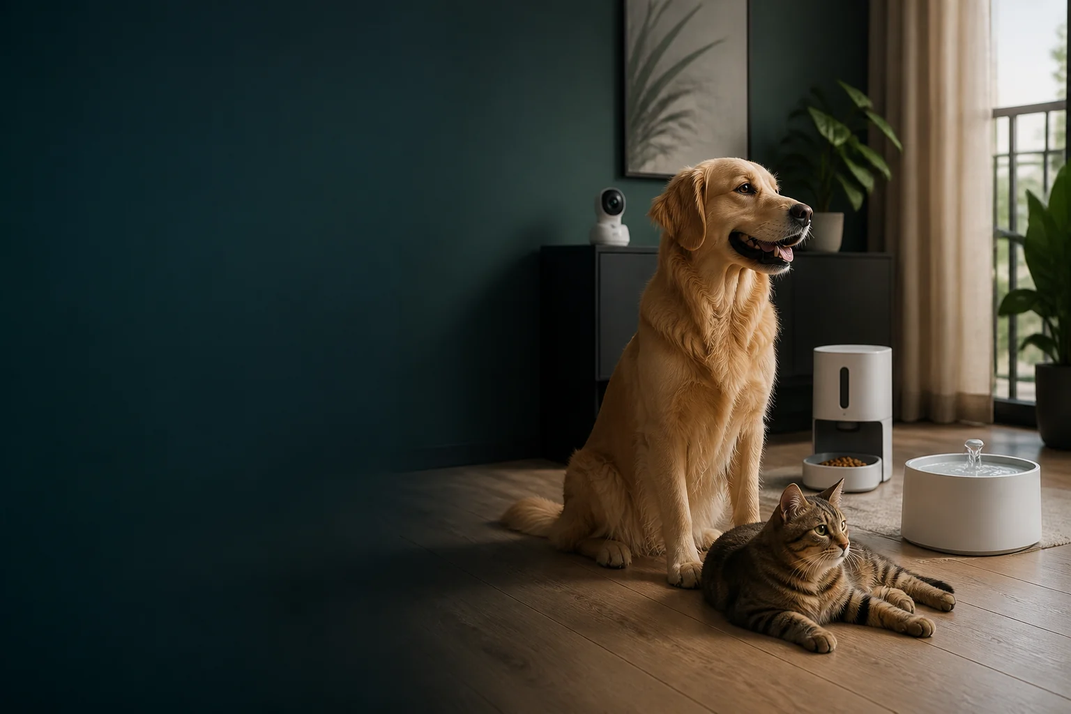 Cão em uma casa com dispositivos Pet Tech