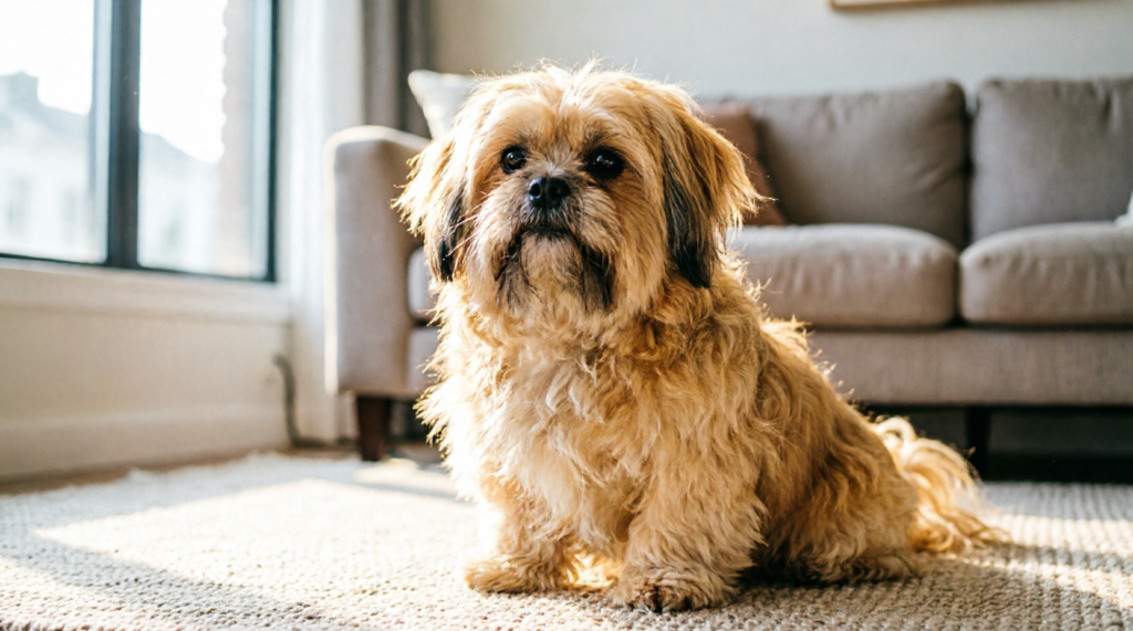 Lhasa Apso sentado no tapete de uma sala de apartamento