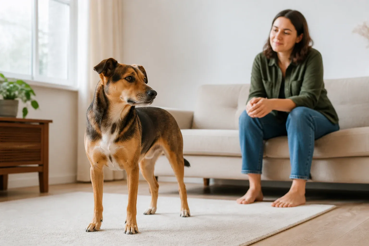 Cão em ambiente doméstico com postura relaxada enquanto tutor observa à distância