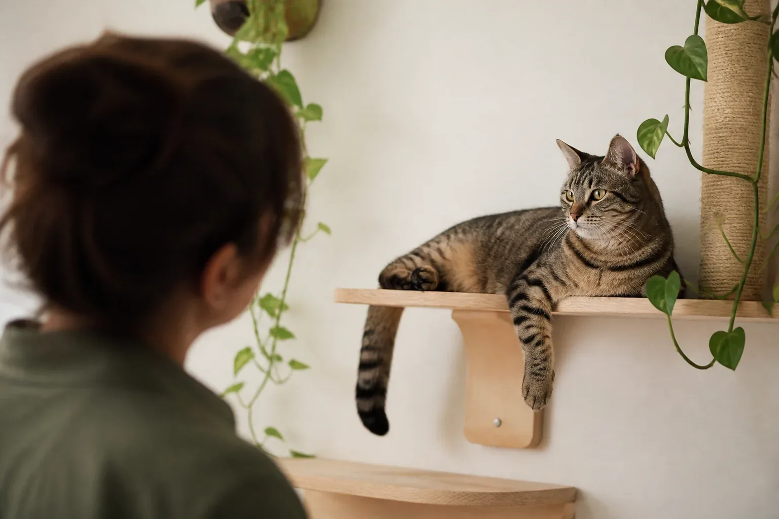 Gato doméstico relaxado em uma prateleira enquanto observa o ambiente
