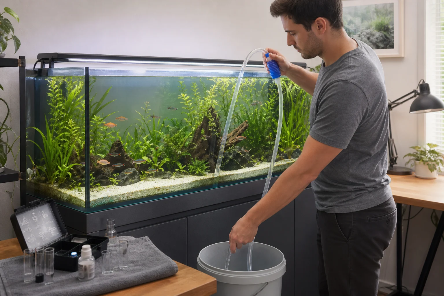Aquarista realizando troca parcial de água com sifão e testes ao lado de um aquário saudável