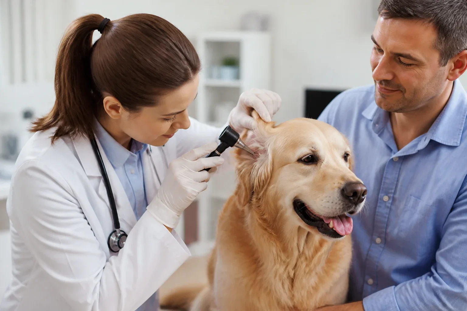 Veterinária examinando com cuidado a orelha de um cão em consultório