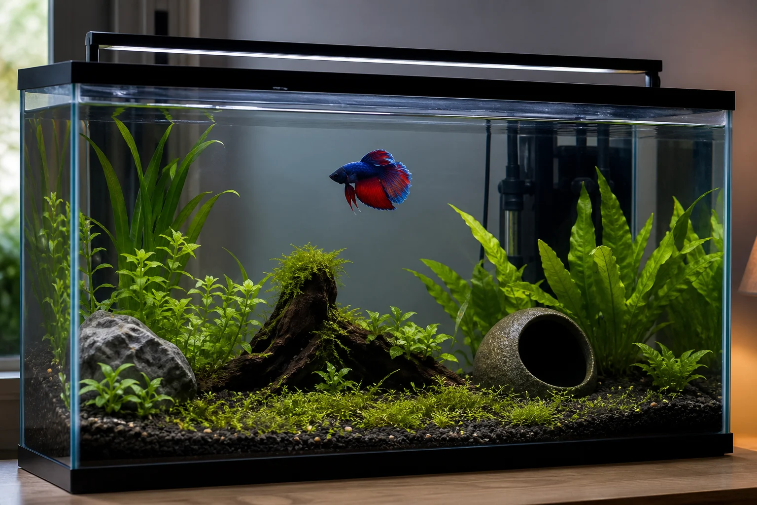 Peixe Betta nadando em aquário amplo, aquecido, filtrado e com plantas suaves