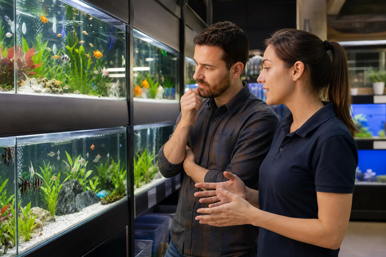 Aquarista observando peixes ornamentais de espécies diferentes em loja especializada e bem mantida