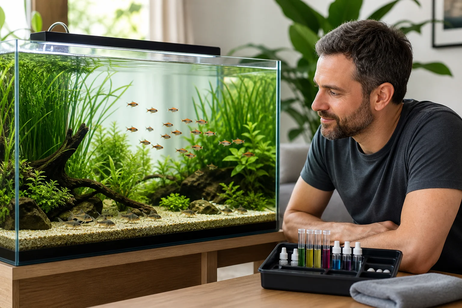 Aquarista iniciante observando pequenos peixes ornamentais saudáveis em aquário plantado
