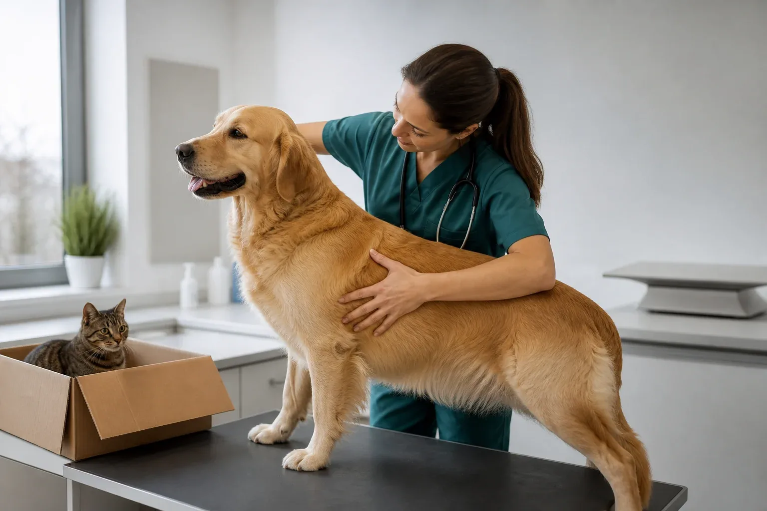 Veterinária avaliando visualmente e por palpação a condição corporal de um cão e um gato