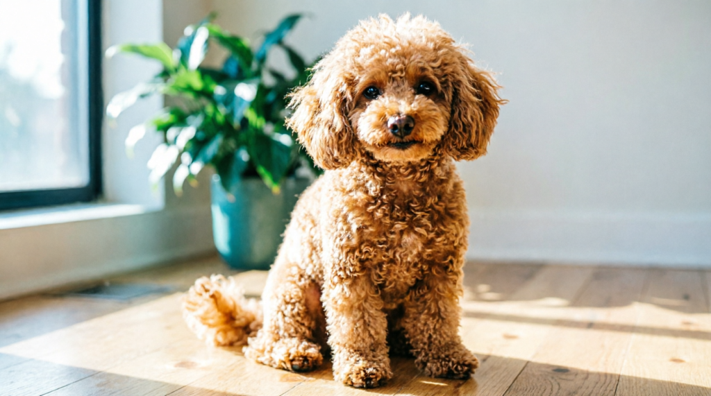 Poodle Toy sentado no piso de madeira de um apartamento
