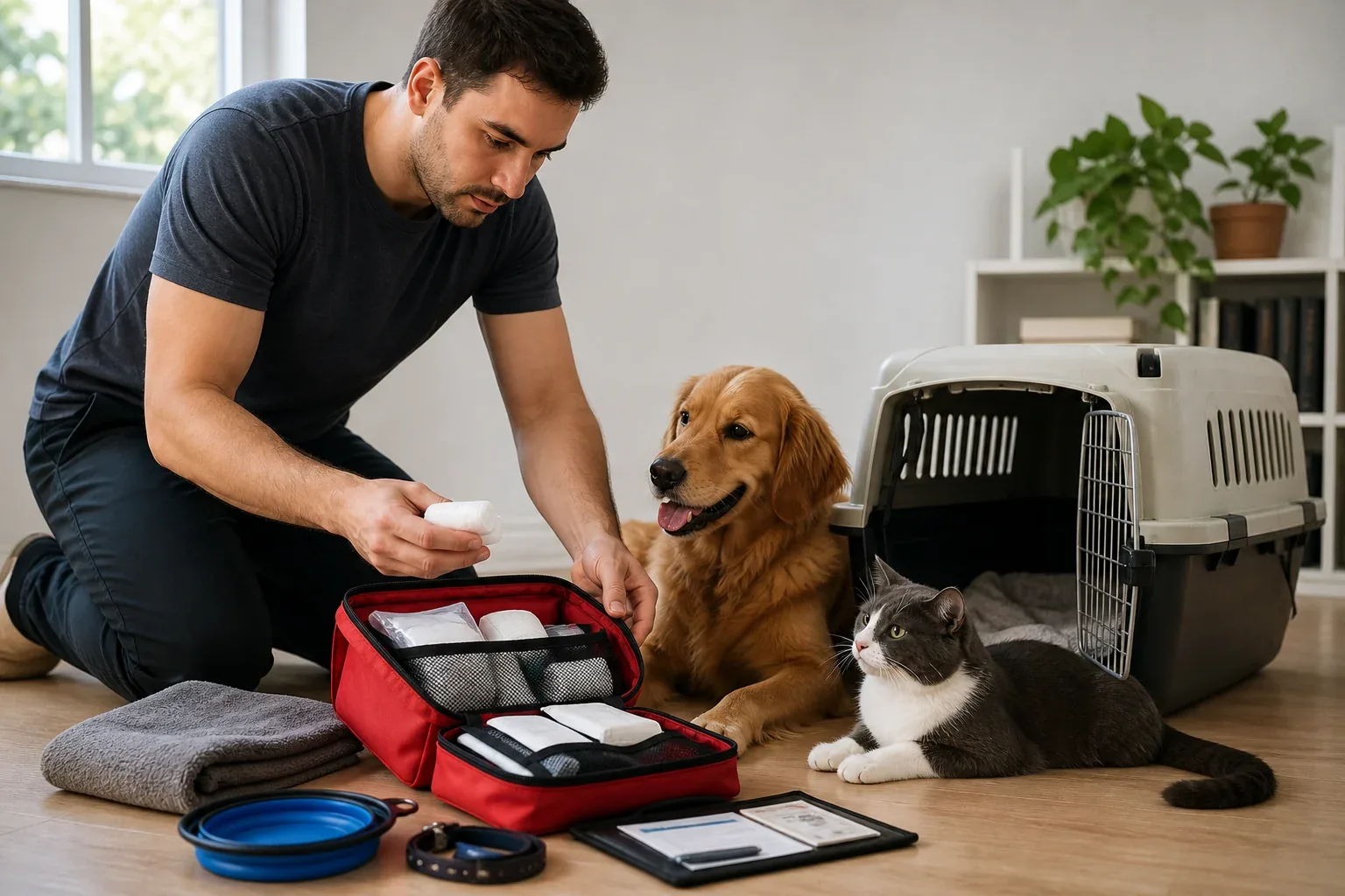 Tutora organizando caixa de transporte, gaze e contatos de emergência ao lado de um cão e um gato