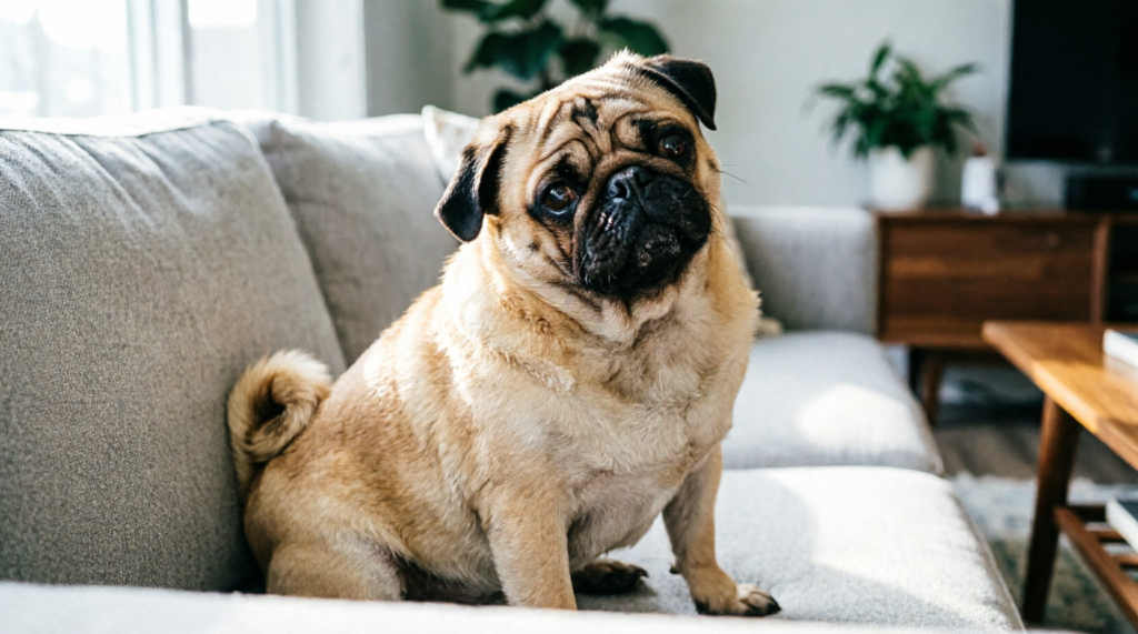 Pug sentado no sofá de uma sala de apartamento