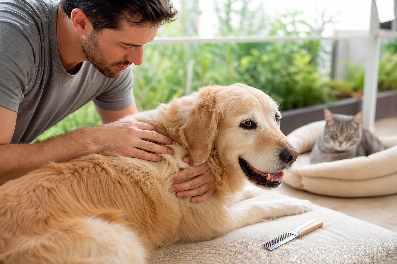 Veterinária examinando a pelagem de um cão enquanto um gato aguarda ao lado em ambiente clínico