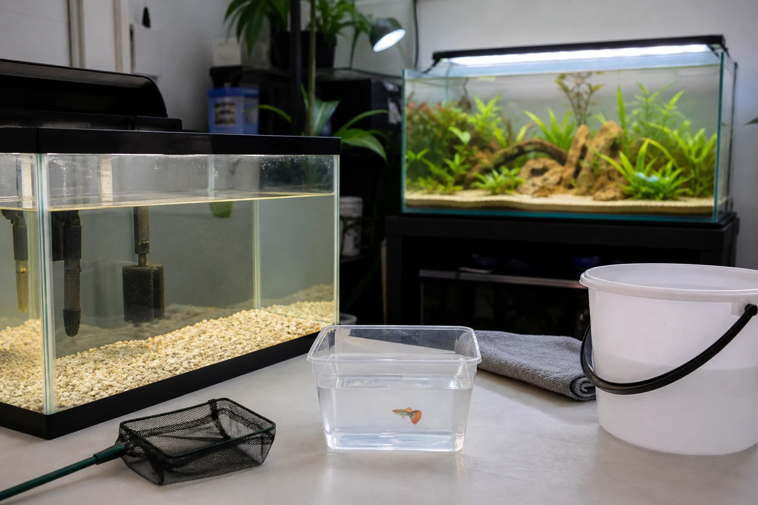 Peixe novo sendo aclimatado com cuidado ao lado de um aquário de quarentena separado