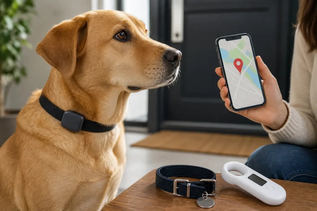 Cão com rastreador na coleira ao lado de celular com mapa, plaquinha e leitor de microchip