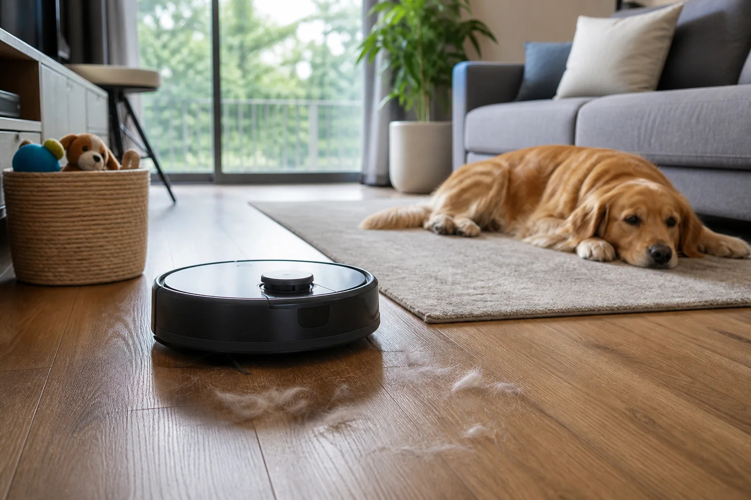 Robô aspirador recolhendo pelos em uma sala com pet