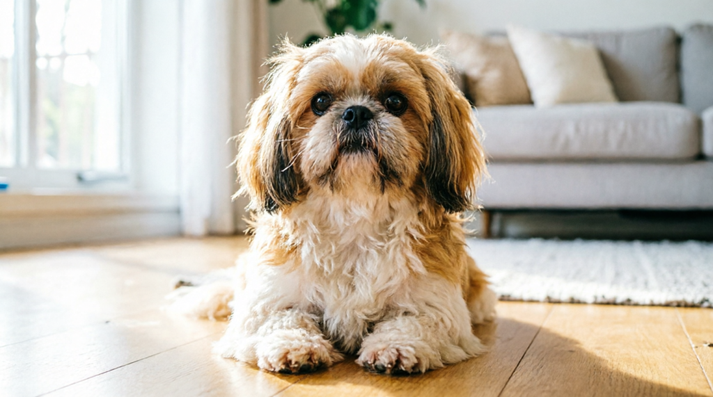 Shih Tzu deitado no piso de madeira de uma sala de apartamento