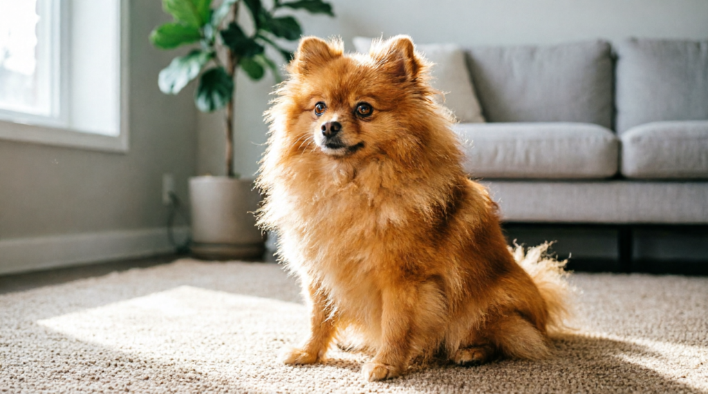 Spitz Alemão sentado no tapete de uma sala de apartamento