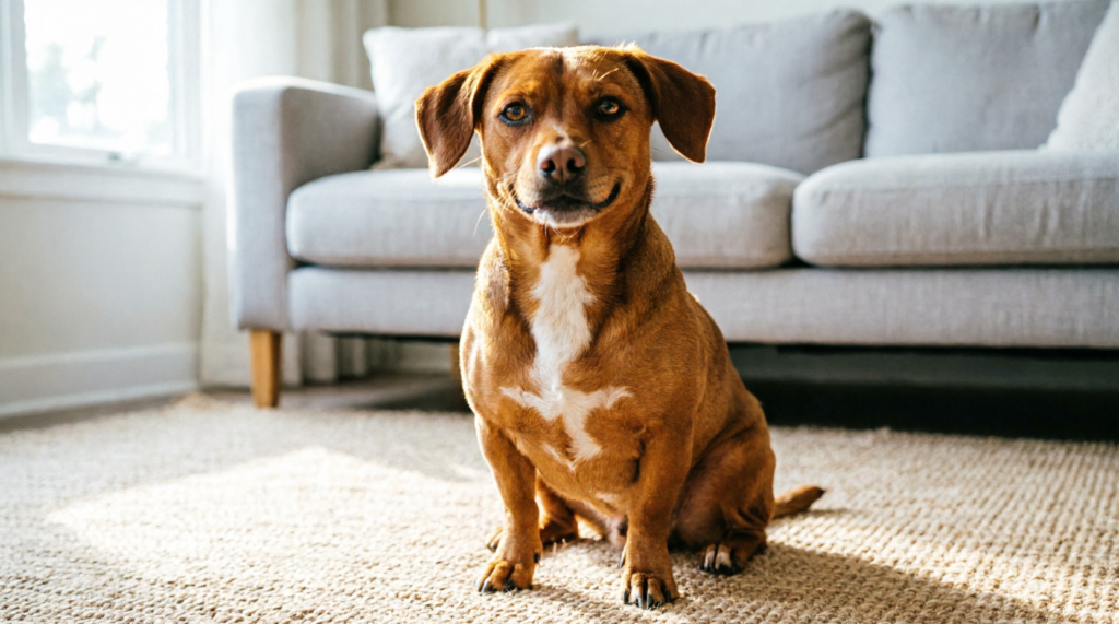 Cão sem raça definida de pequeno porte sentado no tapete de uma sala de apartamento