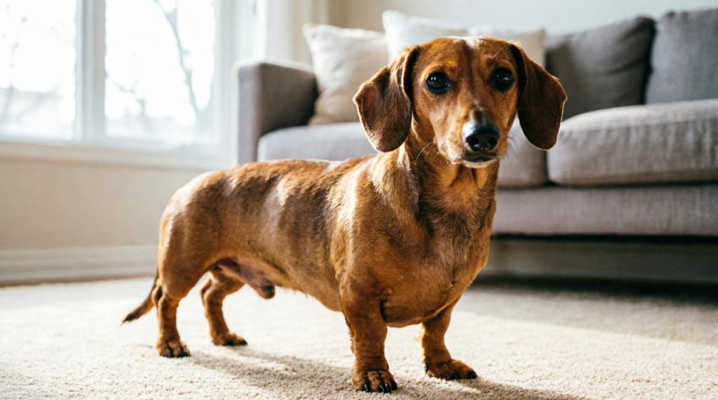 Teckel Dachshund em pé sobre o tapete de uma sala de apartamento