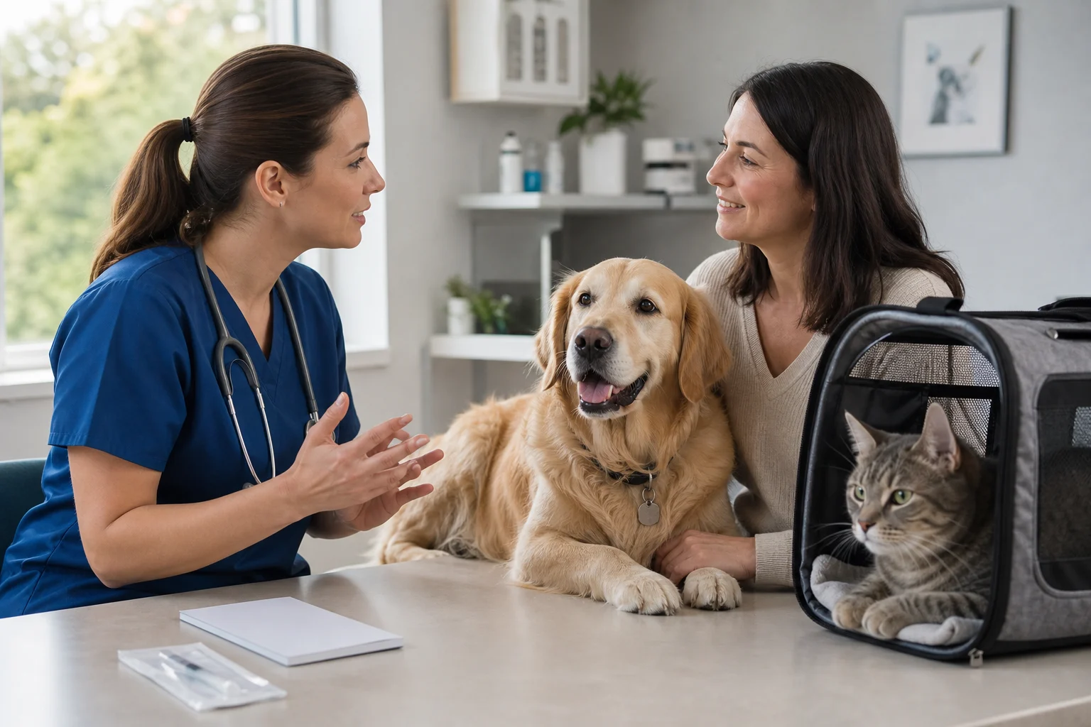Veterinária conversando com uma tutora ao lado de um cão e um gato durante consulta preventiva
