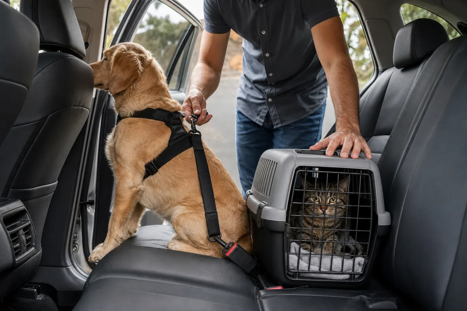 Cão preso por peitoral automotivo e gato em caixa fixada no banco traseiro de um carro parado