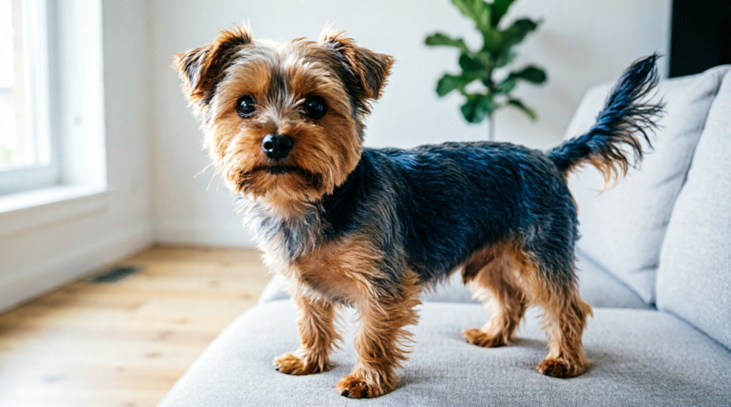 Yorkshire Terrier em pé sobre o sofá de um apartamento